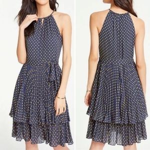 Ann Taylor Halter Neck Polka Dot Tiered Ruffle Pleated Dresss Blue Gold